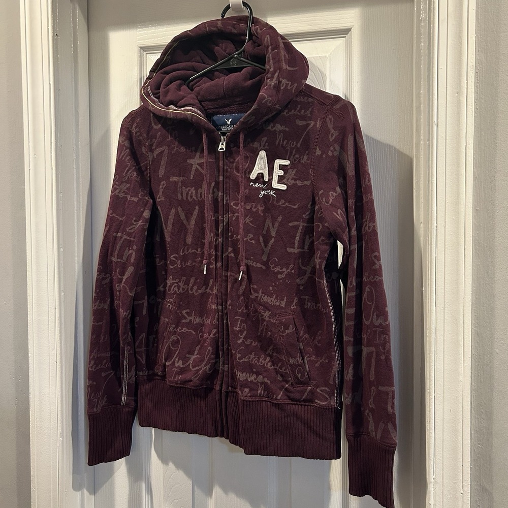 Vintage American Eagle Womens Small Maroon Script Hoodie Y2K Full Zip